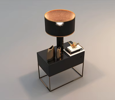 Modern Black Nightstand with Metal Frame Table Lamp Brown Lampshade Two Vases and Books 3d model