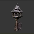 Wooden Birdhouse With Pagoda Style Roof And Multiple Ports Perched On Tree Stump