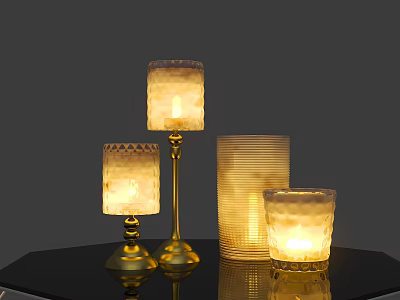 Decorative Lit Candles With Gold Base And Textured Glass Holders On Black Table 3d model