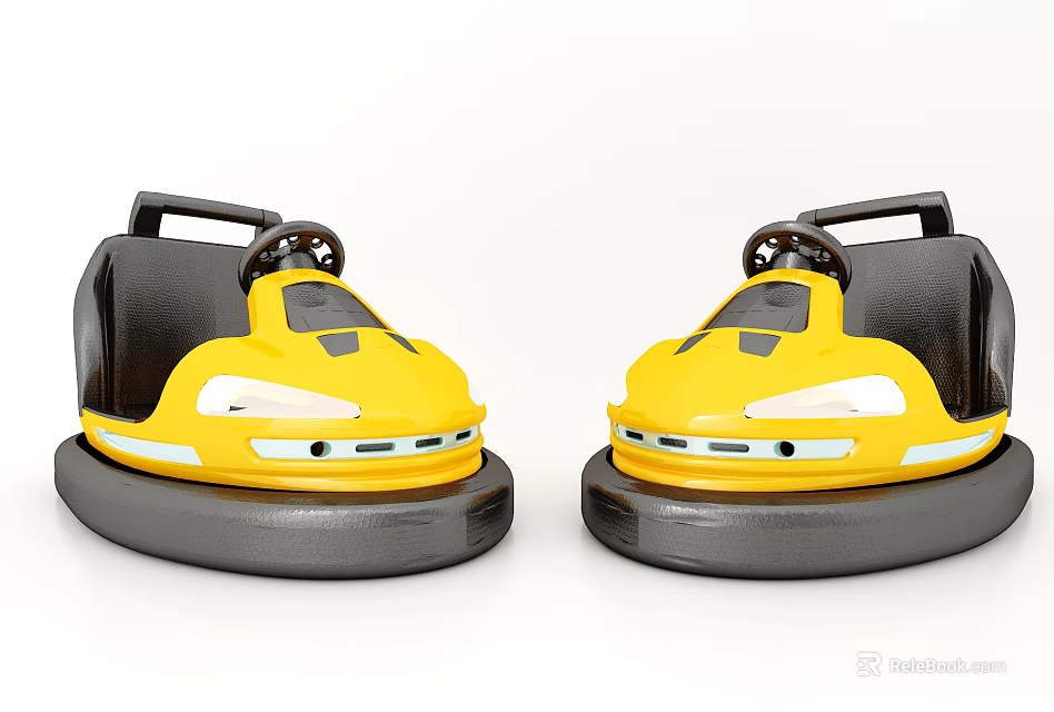 Two Yellow Bumper Cars With Black Base And Seats For Amusement Park 3d model 