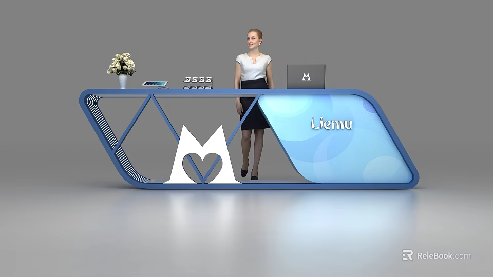 Blue Modern Reception Desk With Lena Sign Cat Logo Staff Flower Vase And Laptop 3d model 