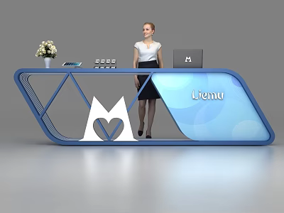 Blue Modern Reception Desk With Lena Sign Cat Logo Staff Flower Vase And Laptop 3d model
