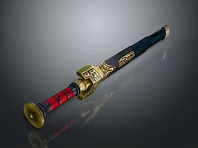 Traditional Decorative Sword With Intricate Carvings Golden Accents Red Hilt And Black Scabbard 3d model