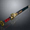 Traditional Decorative Sword With Intricate Carvings Golden Accents Red Hilt And Black Scabbard