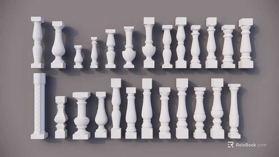 White Balusters In Different Sizes And Styles Displayed On Gray Background 3d model 