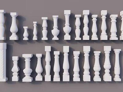 White Balusters In Different Sizes And Styles Displayed On Gray Background 3d model