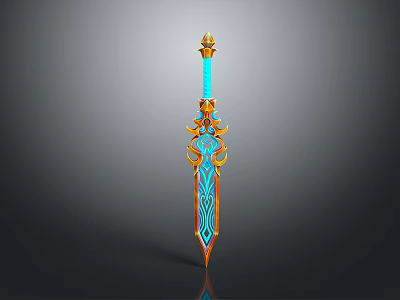 Ornate Fantasy Sword With Blue Blade Golden Accents And Intricate Patterns 3d model