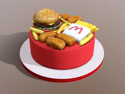 Delicious Juicy Burger With Golden Crispy Fries And Tasty Chicken Nuggets In Red Round Container 3d model