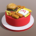 Delicious Juicy Burger With Golden Crispy Fries And Tasty Chicken Nuggets In Red Round Container