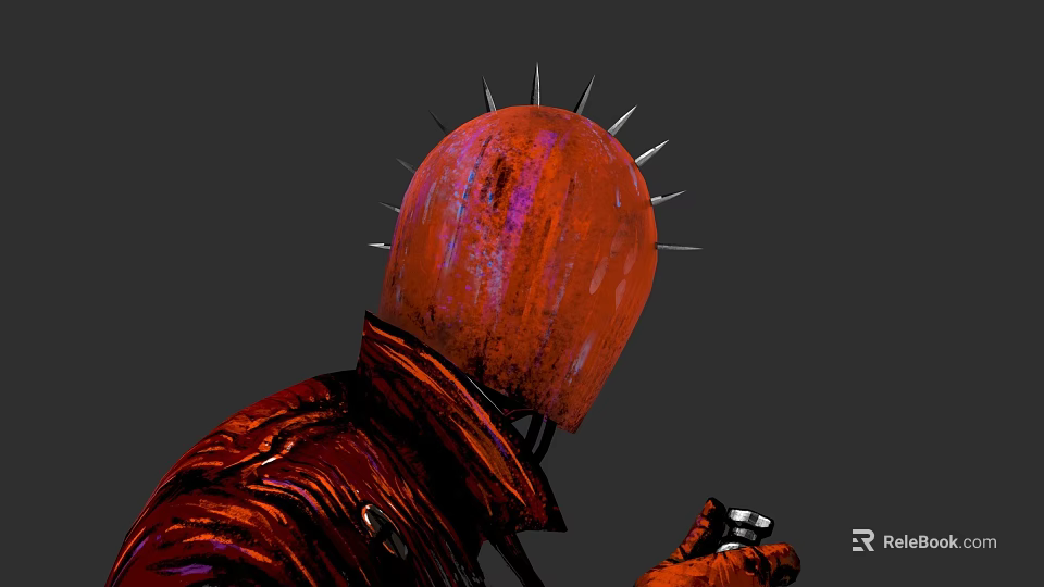 Game Movie Character With Red Spiked Helmet And Red Coat In Dark Setting 3d model 