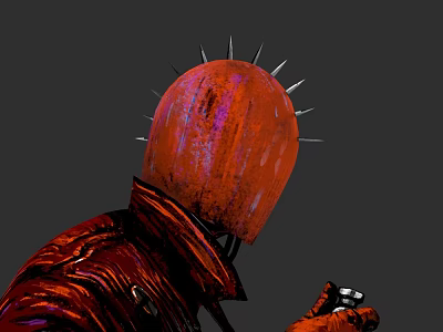 Game Movie Character With Red Spiked Helmet And Red Coat In Dark Setting 3d model