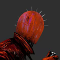 Game Movie Character With Red Spiked Helmet And Red Coat In Dark Setting