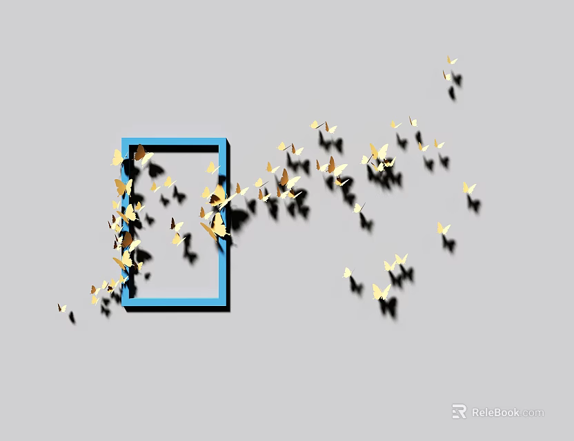 Golden Butterfly Wall Decor With Blue Frame And Flying Design Elements 3d model 