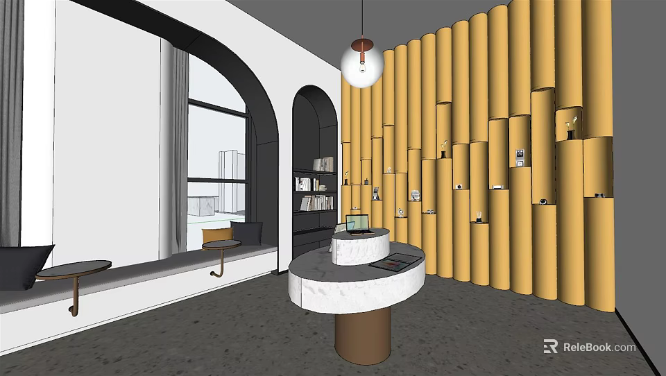 School Reception Area Interior With Yellow Vertical Panel Wall Circular Marble Countertop And Arched Window 3d model