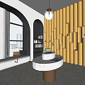 School Reception Area Interior With Yellow Vertical Panel Wall Circular Marble Countertop And Arched Window 3d model