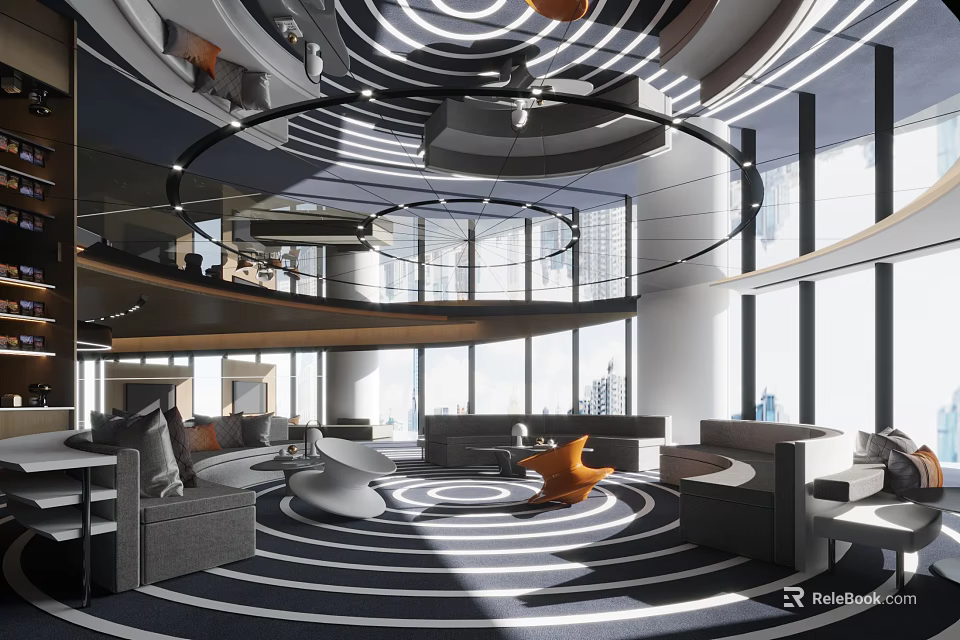 Modern Leisure Area Interior With Large Windows City View Circular Carpet And Comfortable Sofas 3d model 