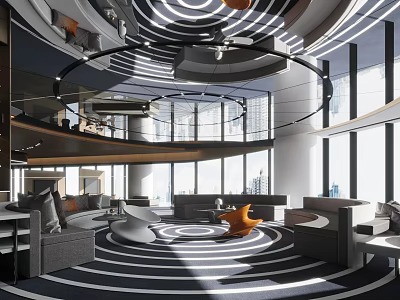 Modern Leisure Area Interior With Large Windows City View Circular Carpet And Comfortable Sofas 3d model