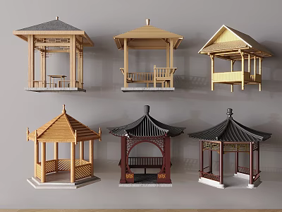 Different Traditional Chinese Pavilions Featuring Various Roof Designs And Wooden Frames 3d model