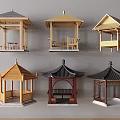 Different Traditional Chinese Pavilions Featuring Various Roof Designs And Wooden Frames