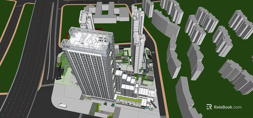 3D Architectural Model of Urban Complex with High Rise Buildings Green Space and Road Layout 3d model 