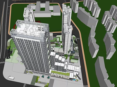 3D Architectural Model of Urban Complex with High Rise Buildings Green Space and Road Layout 3d model