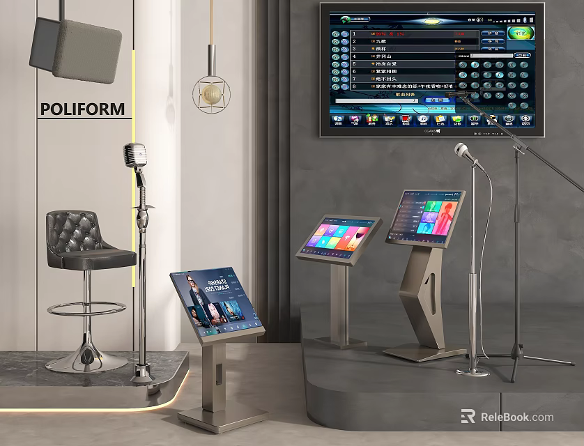 Modern Entertainment Electronics Setup With Microphones Touchscreen Displays And Large Screen Monitor 3d model 