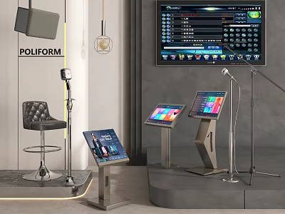 Modern Entertainment Electronics Setup With Microphones Touchscreen Displays And Large Screen Monitor 3d model