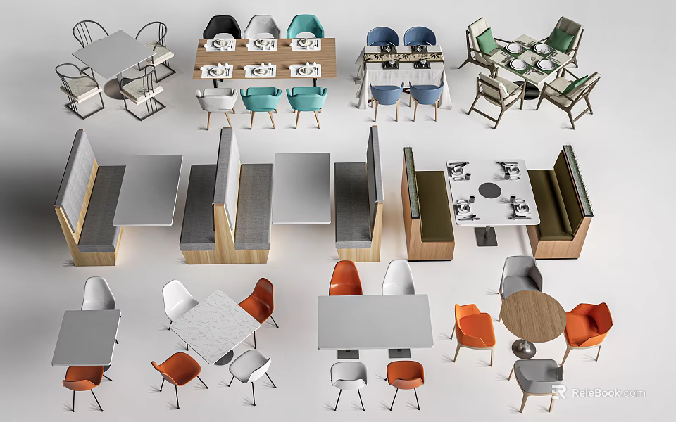 Modern Dining Table Sets With Various Chairs And Booth Seating Combinations 3d model