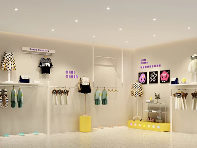 Fashion Clothing Store Interior With Racks Shelves And Yellow Display Decorations 3d model