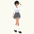 Woman With Black Short Hair Wearing White Shirt Gray Pleated Skirt And Black Shoes