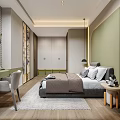 Modern Children's Room Interior Design With Green Wall Wooden Floor Bed Bedside Tables And Window