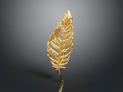 Elegant Golden Feather Shaped Brooch Adorned With Sparkling Diamonds For Clothing Accessory 3d model