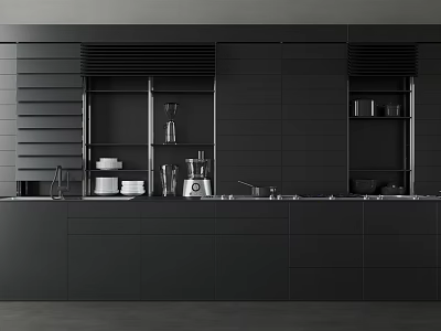 Modern Black Kitchen Interior With Sleek Cabinets Coffee Maker And Dishes 3d model