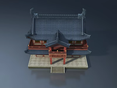 Traditional Chinese Architecture Featuring Curved Eaves Tile Roof And Red Pillars Design 3d model