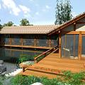 Serene Wooden House Surrounded by Lush Trees and Pond with Natural Rocks and Green Plants