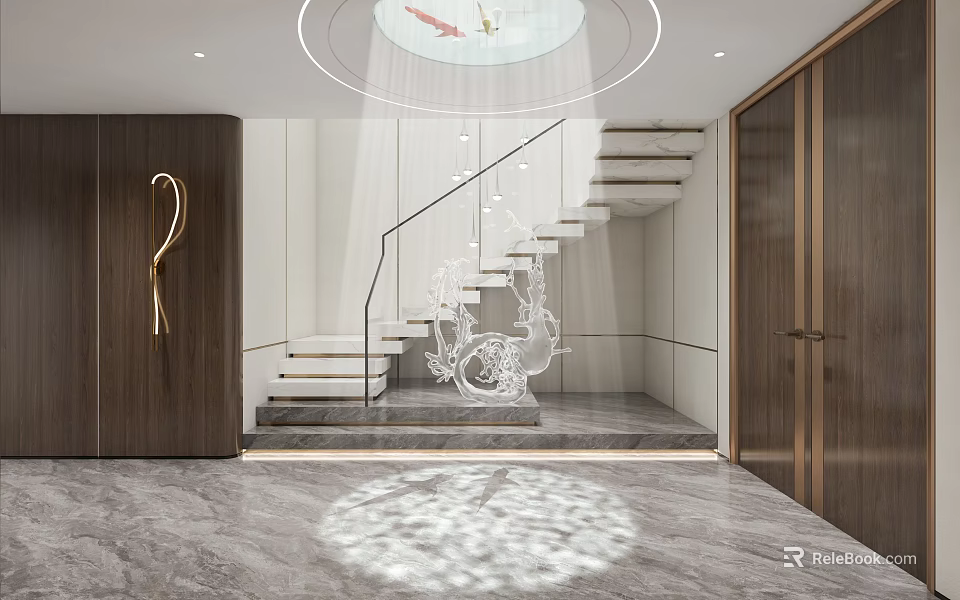 Modern Foyer Hallway Design With Glass Railing Staircase Marble Floor And Ceiling Lighting 3d model 