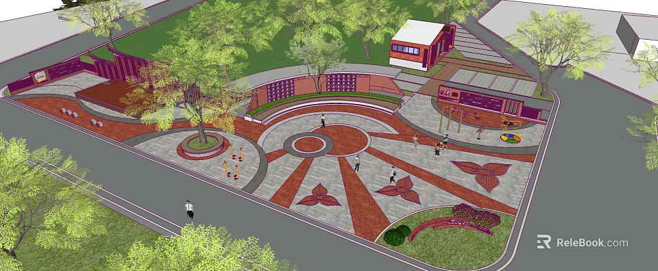 Public Square Design Featuring Circular Pavement Leaf Patterns Green Spaces And People Activities 3d model