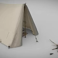Canvas Camping Tent With Interior Bed Furniture And Wooden Poles Setup