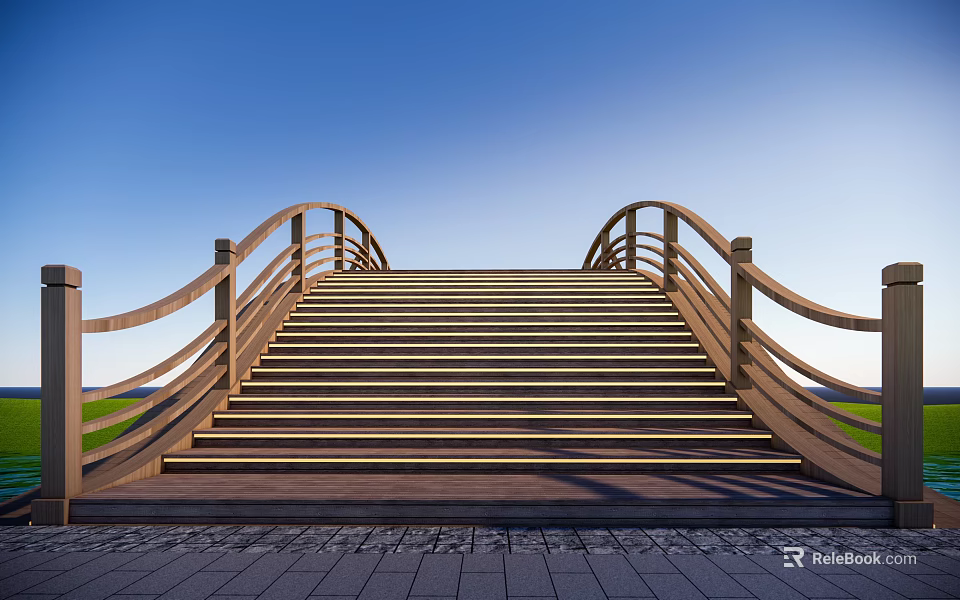 Wooden Bridge With Curved Railings Stairs And Blue Sky Green Grass 3d model 