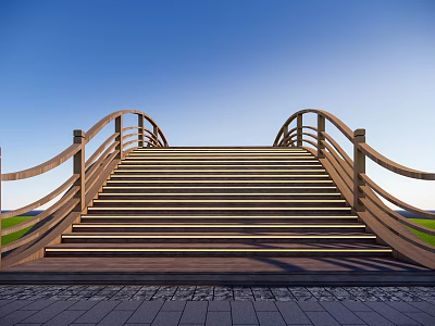 Wooden Bridge With Curved Railings Stairs And Blue Sky Green Grass 3d model