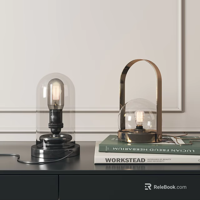 Modern Table Lamps Design With Glass Shade And Metal Handle On Books 3d model 