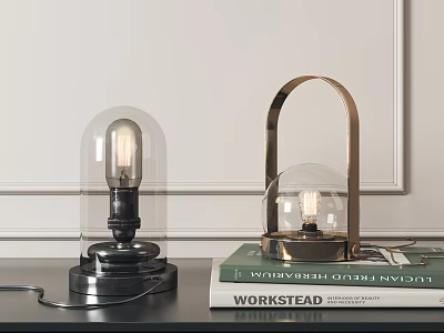 Modern Table Lamps Design With Glass Shade And Metal Handle On Books 3d model
