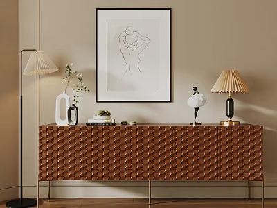 Modern Entryway Console Cabinet With Table Lamps Artwork And Decorative Plants 3d model