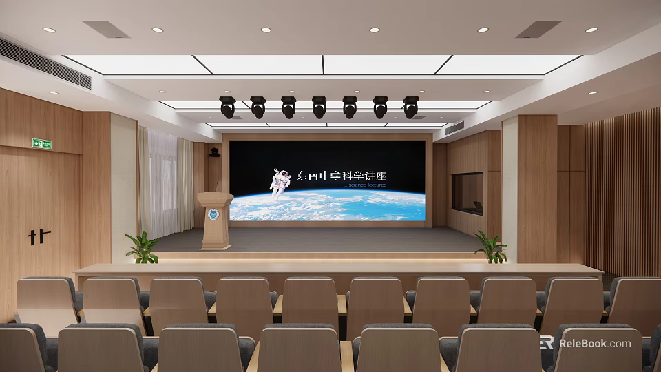 Conference Room Interior With Podium Large Projection Screen Comfortable Seats And Wooden Panel Walls 3d model 