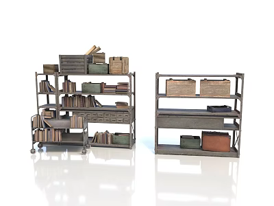 Multi Tiered Industrial Style Storage Shelves With Books Wooden Boxes And Baskets 3d model