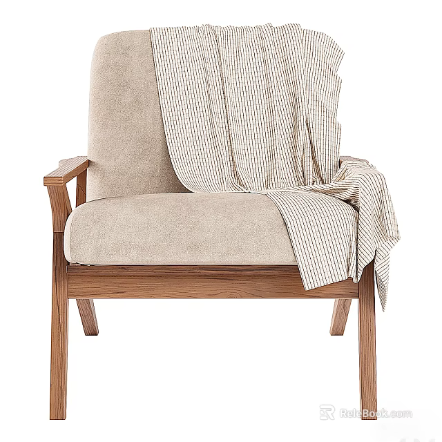 Beige Sofa Chair With Plaid Blanket And Wooden Coffee Table Set 3d model 