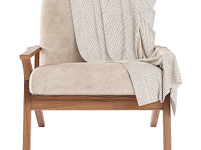 Beige Sofa Chair With Plaid Blanket And Wooden Coffee Table Set 3d model