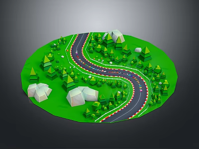 Cartoon Scene With Round Green Grassland Winding Race Track Trees And White Buildings 3d model