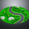 Cartoon Scene With Round Green Grassland Winding Race Track Trees And White Buildings