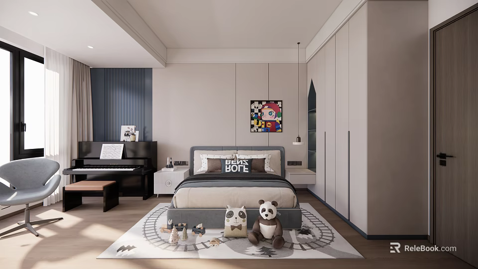 Kids Bedroom Interior With Bed Piano Decorative Art Rug And Panda Plush Toys 3d model 